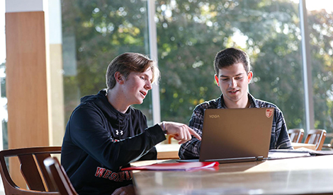 2 white young men look at a computer screen
